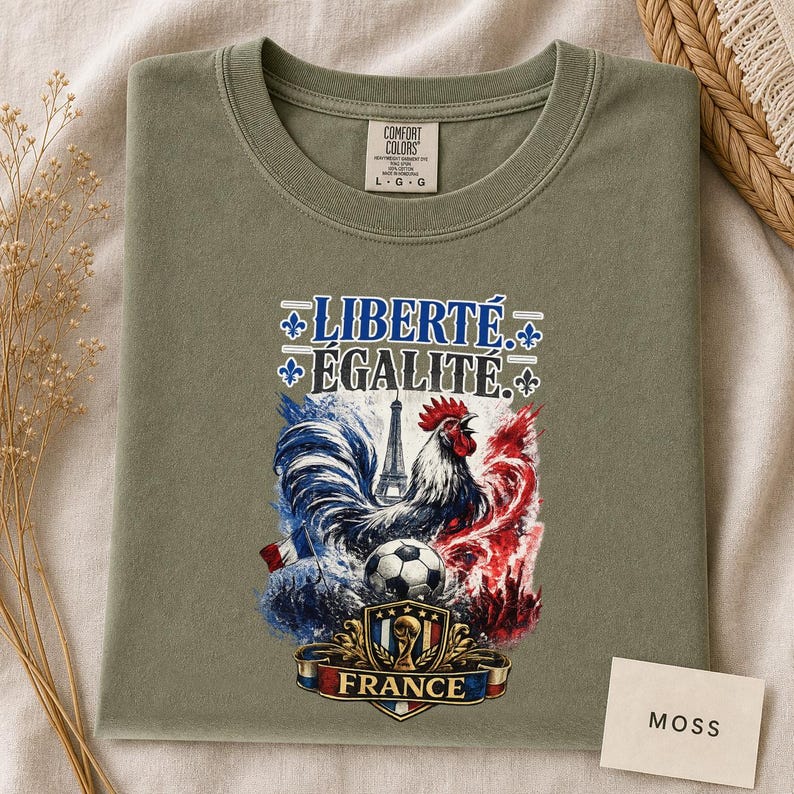 Puede incluir: Una camiseta de cuello redondo color verde oliva con un estampado gr&aacute;fico que incluye el texto LIBERT&Eacute; &Eacute;GALIT&Eacute;, un gallo, la Torre Eiffel, un bal&oacute;n de f&uacute;tbol y un escudo con la palabra FRANCE. La camiseta tiene una etiqueta Comfort Colors talla L.
