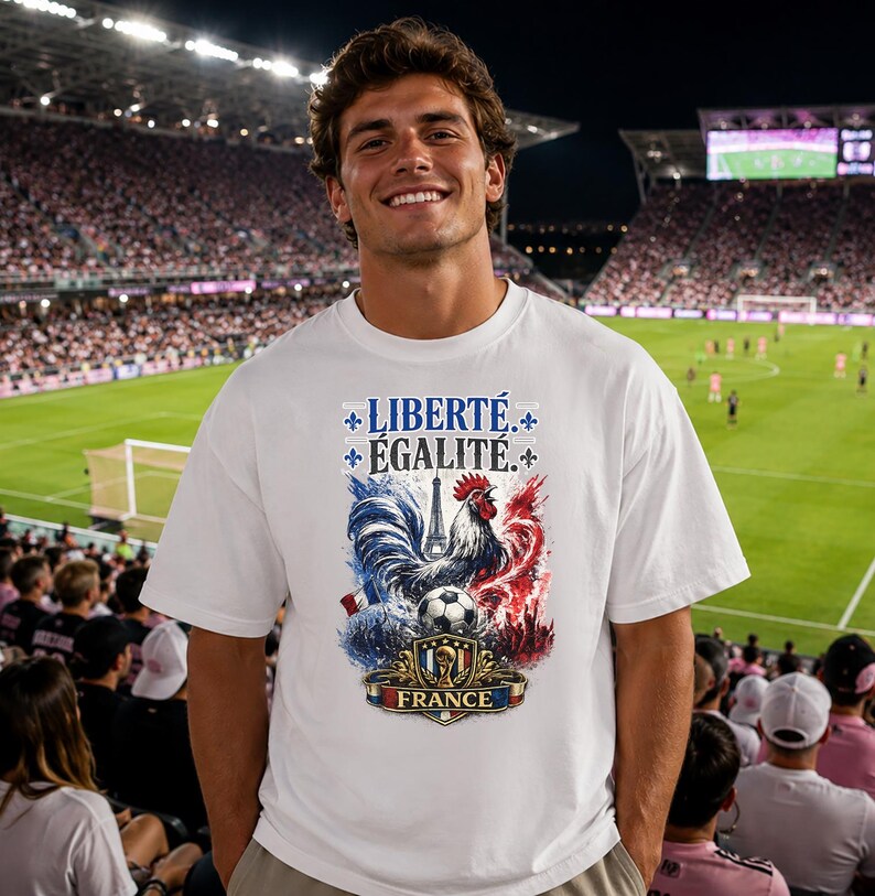 Puede incluir: Una camiseta blanca de manga corta con un estampado gr&aacute;fico que incluye el texto LIBERT&Eacute; &Eacute;GALIT&Eacute; y FRANCE. El dise&ntilde;o presenta un gallo, la Torre Eiffel, un bal&oacute;n de f&uacute;tbol y colores azul, blanco y rojo con detalles de flor de lis.