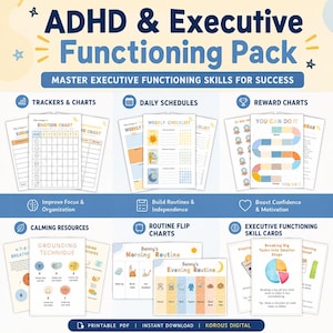 Könnte beinhalten: Ein ADHD & Executive Functioning Pack mit druckbaren Diagrammen, Trackern und Skill-Karten. Die Abschnitte umfassen Trackers & Charts, Daily Schedules, Reward Charts, Calming Resources, Routine Flip Charts und Executive Functioning Skill Cards.