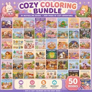 Könnte beinhalten: Ein farbenfrohes Bundle von 50 Malbüchern mit 2000 Seiten, mit gemütlichen Themen. Das Bild enthält Titel wie "Ghost Glow", "Spooky Summer" und "Cozy Christmas". Der Text lautet "Cozy Coloring Bundle" und "Cute & Cozy Coloring Fun for Every Mood!"
