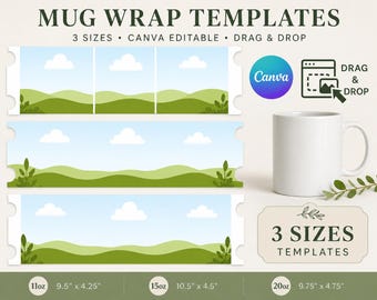 Pacote de Templates para Sublimação em Canecas | Templates para Canecas de 325ml, 355ml e 445ml + Mockups Grátis | Design Editável no Canva | Download Imediato