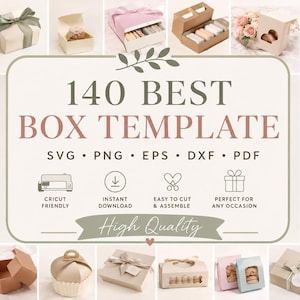 Könnte beinhalten: Eine Collage verschiedener Geschenkbox-Vorlagen. Das Bild zeigt Boxen in verschiedenen Formen, Größen und Farben, einige mit Bändern und Schleifen. Der Text in der Mitte lautet "140 BEST BOX TEMPLATE" mit Dateityp-Optionen: SVG, PNG, EPS, DXF und PDF.