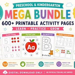 May include: A colorful digital download for preschool and kindergarten with over 600 printable activity pages. Includes literacy, math, fine motor skills, and shape and color activities. Features the text "MEGA BUNDLE" and "Instant Download".