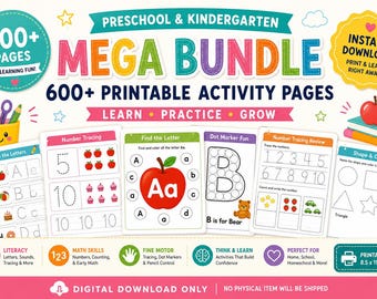 Pacote de Aprendizagem para Educação Infantil | Mais de 600 atividades imprimíveis de alfabeto, caligrafia e matemática (Download Digital)