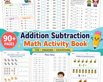 Mais de 90 folhas de exercícios de adição e subtração para crianças | Livro de atividades de matemática para o 1º ano | Atividades imprimíveis para ensino domiciliar | Download instantâneo em PDF