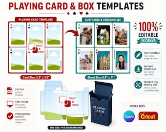 Pacote de modelos editáveis de cartas de baralho no Canva | Cartas de pôquer personalizadas e caixa para cartas | Cartas de jogo em branco para imprimir | Design instantâneo com recurso de arrastar e soltar