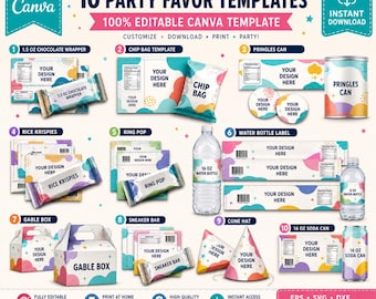 Pacote de Modelos para Lembrancinhas de Festa | 10 Modelos Editáveis do Canva | Embalagens para Salgadinhos, Rótulos para Capri Sun, Embalagens para Rice Krispies | Download Imediato