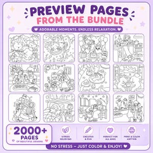 K&ouml;nnte beinhalten: Werbebild f&uuml;r ein Malbuch-Bundle. Das Bild zeigt ein Raster von zw&ouml;lf Schwarz-Wei&szlig;-Illustrationen mit dem Text "Preview Pages From The Bundle". Zus&auml;tzlicher Text enth&auml;lt "2000+ Seiten mit sch&ouml;nen Designs" und andere beschreibende S&auml;tze.