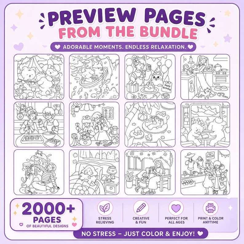 K&ouml;nnte beinhalten: Werbebild f&uuml;r ein Malbuch-Bundle. Das Bild zeigt ein Raster von zw&ouml;lf Schwarz-Wei&szlig;-Illustrationen mit dem Text "Preview Pages From The Bundle". Zus&auml;tzlicher Text enth&auml;lt "2000+ Seiten mit sch&ouml;nen Designs" und andere beschreibende S&auml;tze.