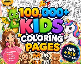 Pacote com mais de 100.000 páginas para colorir imprimíveis | Adultos e crianças | Download instantâneo em PDF | Licença PLR/MRR para uso comercial