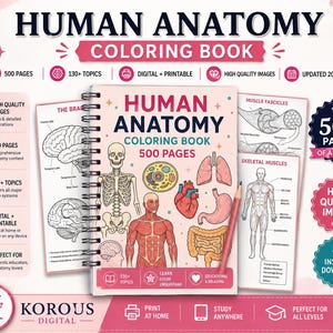 May include: A spiral-bound Human Anatomy Coloring Book with 500 pages, featuring illustrations of a skeleton, heart, lungs, stomach, and intestines. The cover includes the text Human Anatomy Coloring Book 500 Pages and a pink pencil.