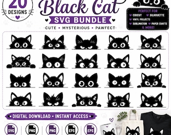 Pacote de arquivos SVG de gato preto espiando, silhuetas de gatos para Cricut e Silhouette.