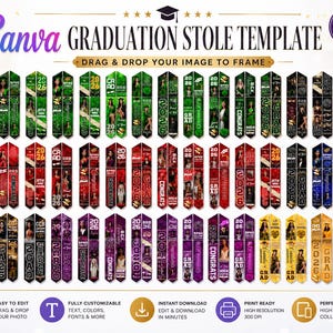 Può includere: Un modello di stola di laurea Canva con diversi design in verde, rosso, viola e oro. Ogni stola presenta l'anno "2026" e la parola "Congrats" o "Grad". Il modello include il testo "Drag & Drop Your Image to Frame".