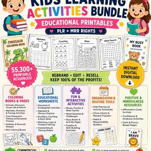 Könnte beinhalten: Buntes Grafikdesign, das ein Lernaktivitäten-Paket für Kinder mit über 55.300 druckbaren Ressourcen bewirbt. Das Bild zeigt Zeichentrickkinder, Arbeitsblätter, Malbücher und interaktive Aktivitäten. Sofortiger digitaler Download.