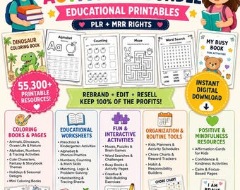 Pacote de Atividades Educativas para Crianças | Mais de 55.300 Folhas de Atividades Imprimíveis, Livros de Colorir e Recursos Educacionais | PLR + MRR