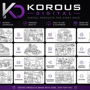 K&ouml;nnte beinhalten: Werbung f&uuml;r digitale Produkte von Korous Digital mit einem lila und wei&szlig;en Logo. Das Bild zeigt verschiedene digitale Produktkategorien, darunter E-Books, Vorlagen, Planer, Druckvorlagen, Grafiken, Cliparts, Schriftarten, Aufkleber, Wandkunst, Einladungen und Social-Media-Vorlagen.