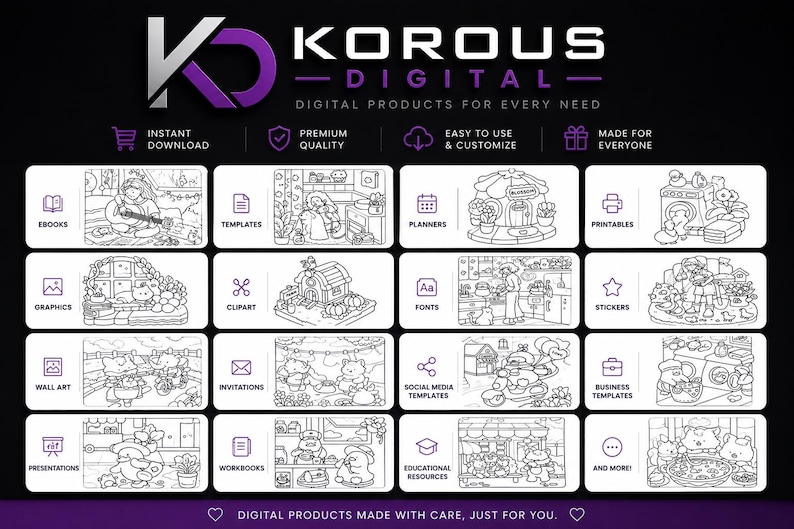 K&ouml;nnte beinhalten: Werbung f&uuml;r digitale Produkte von Korous Digital mit einem lila und wei&szlig;en Logo. Das Bild zeigt verschiedene digitale Produktkategorien, darunter E-Books, Vorlagen, Planer, Druckvorlagen, Grafiken, Cliparts, Schriftarten, Aufkleber, Wandkunst, Einladungen und Social-Media-Vorlagen.