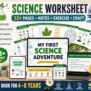May include: A digital science worksheet set titled My First Science Adventure, featuring 53 pages of notes, exercises, and crafts for children. The collection includes various printable activity sheets, a science guide, and instructions for hands-on experiments.