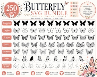 Pacote de arquivos SVG de borboletas, 250 arquivos de corte florais em camadas (download digital)