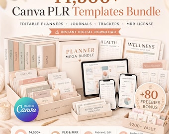 Pacote com mais de 14.500 modelos PLR do Canva | Modelos editáveis para planners, diários e rastreadores | Pacote de produtos digitais com direitos PLR e MRR