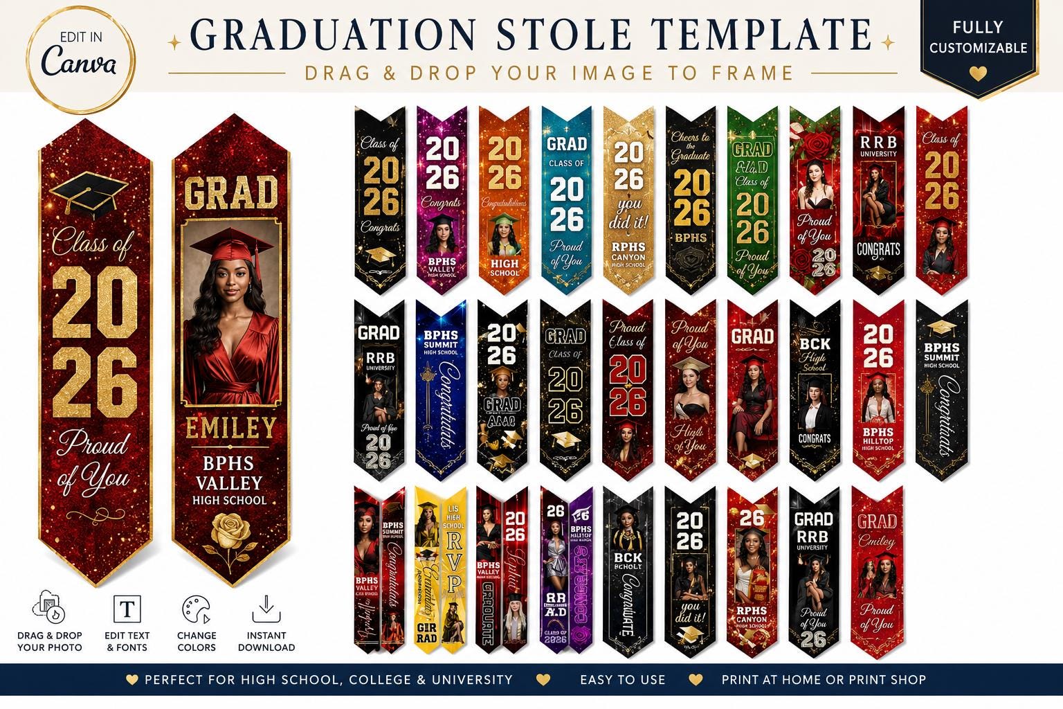 Graduation Stole Canva Editable Mega Bundle | Class of 2026 Graduation ...