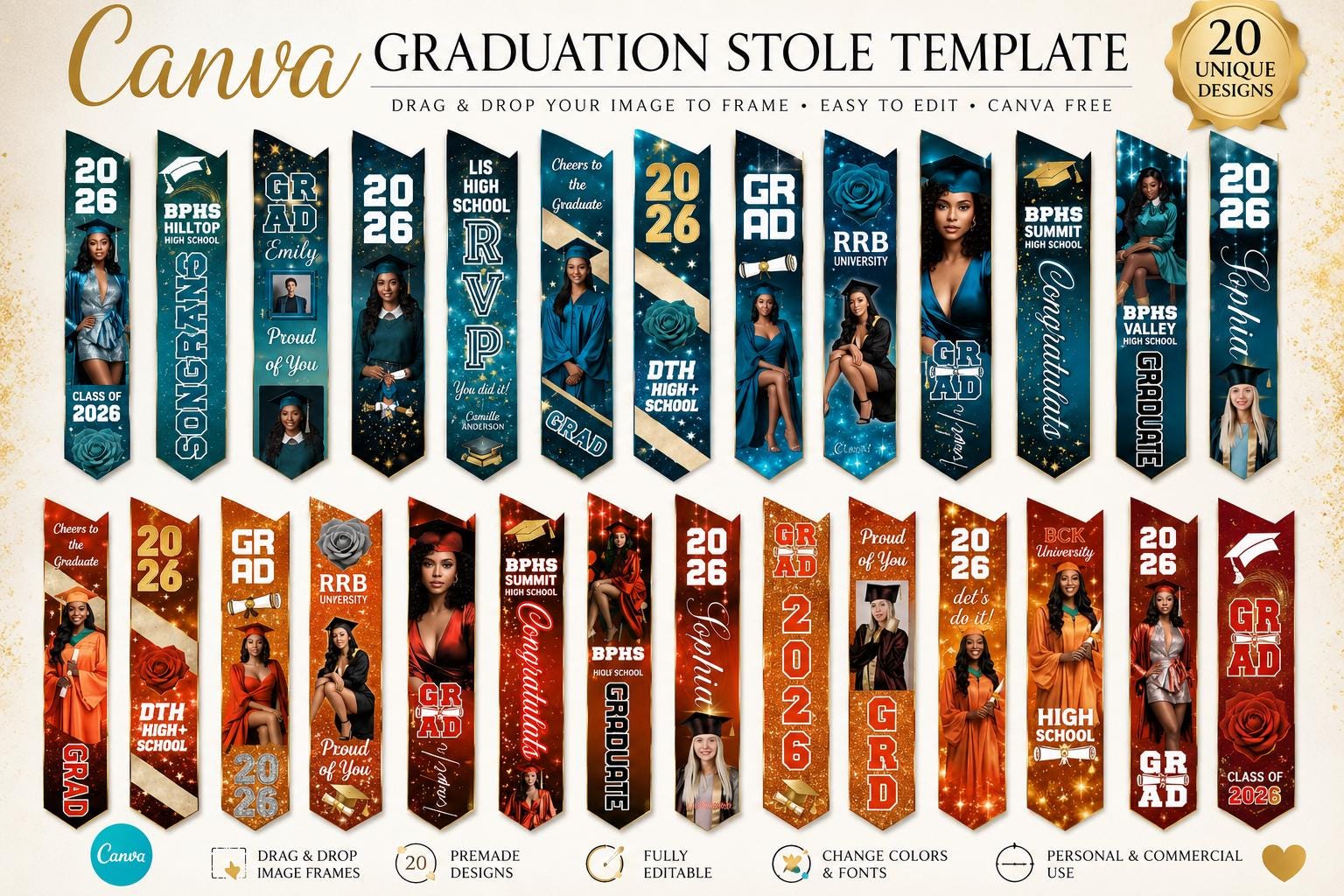 Graduation Stole Canva Editable Mega Bundle | Class of 2026 Graduation ...