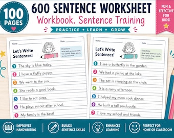 100 folhas de exercícios imprimíveis para escrever frases | 600 páginas para praticar a escrita de frases | Inglês para alunos do 1º ao 3º ano, gramática para ensino domiciliar, atividades matinais (PDF)