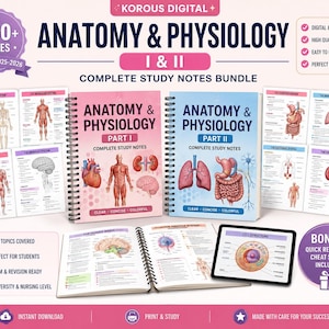 May include: A digital study bundle titled Anatomy & Physiology I & II featuring two spiral-bound notebooks with pink and blue covers, multiple loose-leaf pages showing human body systems, and a tablet displaying a cell structure diagram.