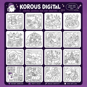 K&ouml;nnte beinhalten: Eine lila Grafik mit dem Text "Korous Digital" und "Digital Goodies for Cozy Creators." Sie enth&auml;lt 12 Schwarz-Wei&szlig;-Illustrationen von gem&uuml;tlichen Szenen mit dem Text "Color Your World, Your Way!" und "Instant Download."