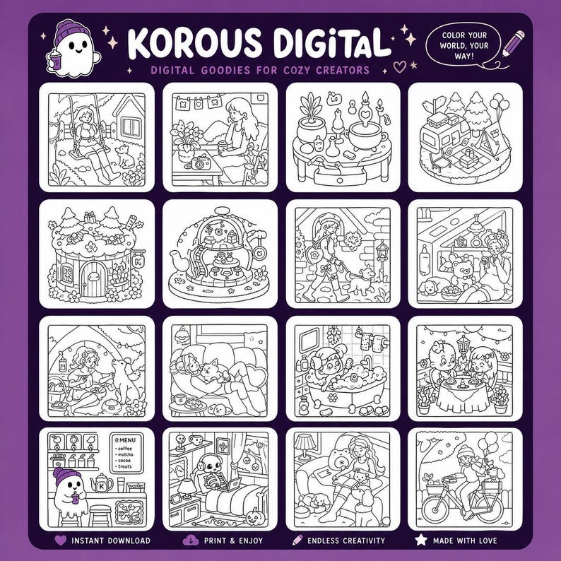 K&ouml;nnte beinhalten: Eine lila Grafik mit dem Text "Korous Digital" und "Digital Goodies for Cozy Creators." Sie enth&auml;lt 12 Schwarz-Wei&szlig;-Illustrationen von gem&uuml;tlichen Szenen mit dem Text "Color Your World, Your Way!" und "Instant Download."