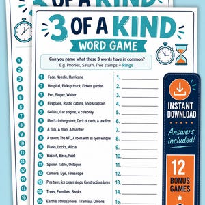 Könnte beinhalten: Zwei weiße Papierbögen mit einem teal- und marineblauen Wortspiel-Design. Das Spiel trägt den Titel "3 of a Kind" und enthält eine Liste von Worträtseln. Das Bild enthält auch eine Schaltfläche zum digitalen Herunterladen und den Text "12 Bonus Games."