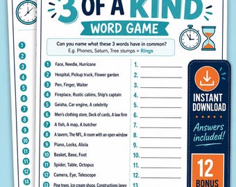 Jogo de Perguntas e Respostas sobre Cultura Pop | Desafio de Palavras Triplas | Jogo PrintParty para Crianças, Adolescentes e Adultos | Noite de Jogos | Quebra-gelo no Escritório | Instantâneo