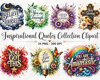Pacote com 24 imagens PNG de citações inspiradoras, clipart de frases motivacionais, gráficos de afirmações positivas, download digital.