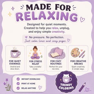 K&ouml;nnte beinhalten: Ein lila-wei&szlig;es Grafikdesign mit dem Text "MADE FOR RELAXING" und Illustrationen f&uuml;r ruhige Abende, Stressabbau, gem&uuml;tliche Routinen und kreative Pausen. Enth&auml;lt den Text "SOFORT-DOWNLOAD".