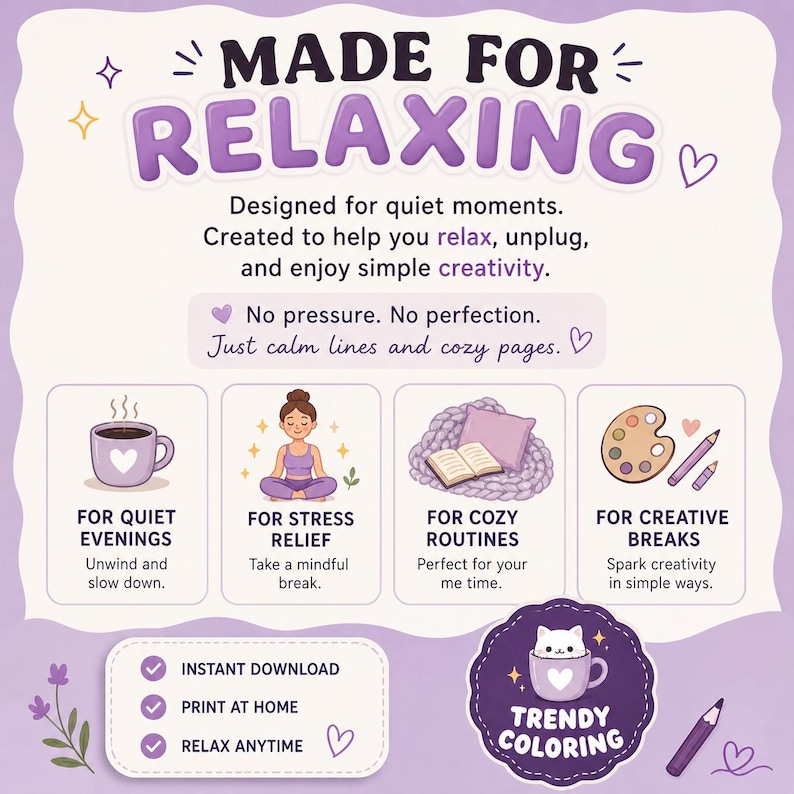 K&ouml;nnte beinhalten: Ein lila-wei&szlig;es Grafikdesign mit dem Text "MADE FOR RELAXING" und Illustrationen f&uuml;r ruhige Abende, Stressabbau, gem&uuml;tliche Routinen und kreative Pausen. Enth&auml;lt den Text "SOFORT-DOWNLOAD".