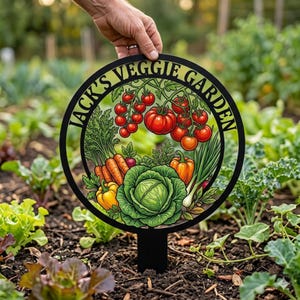 May include: Black metal garden sign with the text "JACK'S VEGGIE GARDEN" around the edge. The center features a colorful illustration of tomatoes, carrots, cabbage, and peppers. The sign is held in a garden.