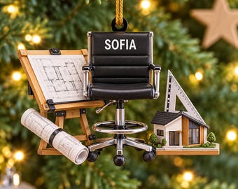 Puede incluir: Un adorno colgante que presenta una silla de oficina negra con el nombre SOFIA impreso en el respaldo, situado entre un caballete de madera con planos arquitectónicos, un plano enrollado y un modelo de casa en miniatura.