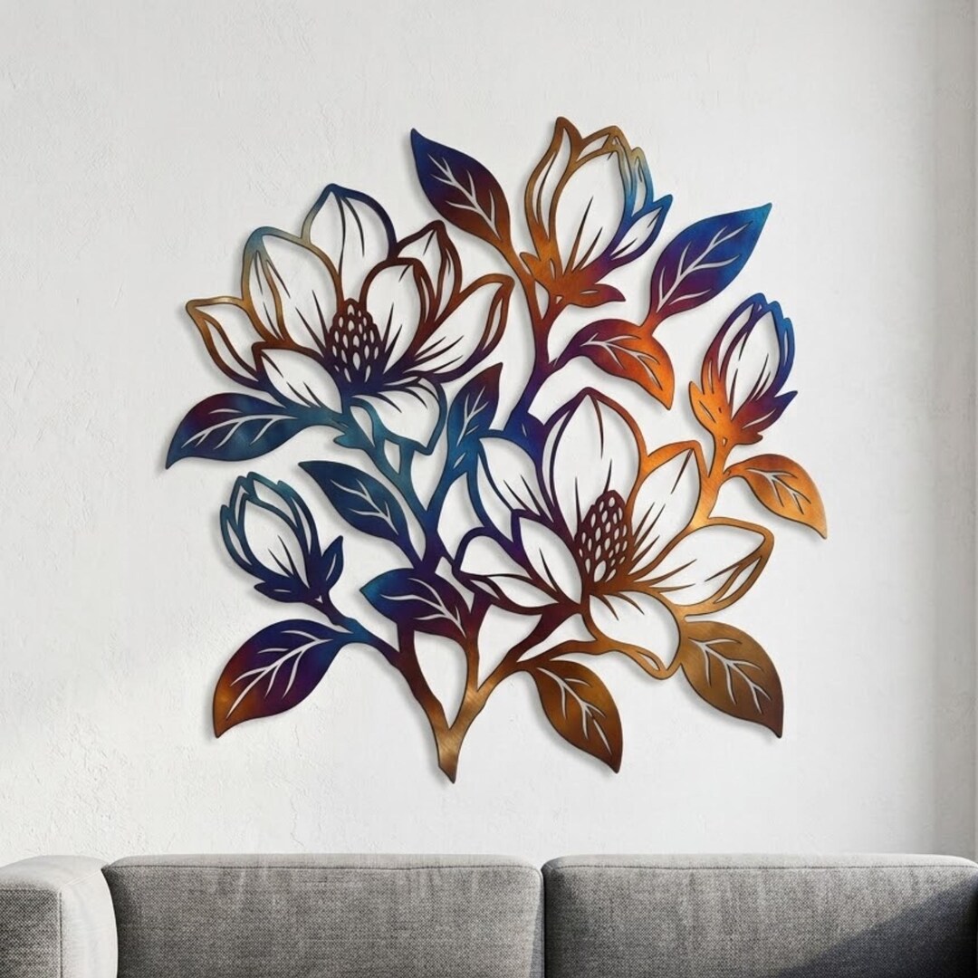 Magnolia Flower Metal Sign, Colorful Floral Wall Art, Botanical Metal