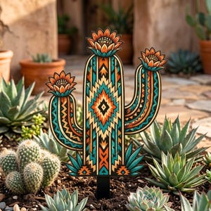 May include: A decorative garden stake shaped like a saguaro cactus, featuring a vibrant geometric pattern in shades of orange, teal, and cream. The cactus has three arms, each topped with a stylized orange flower, and a black base stake.