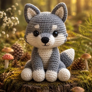 Può includere: Un peluche all'uncinetto fatto a mano che raffigura un lupo in filato grigio e bianco. Il lupo presenta grandi occhi neri in plastica, un naso nero ricamato, orecchie a punta con dettagli interni bianchi e una coda folta.