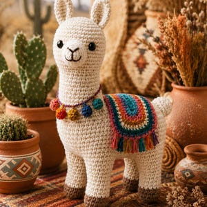 May include: A cream-colored crochet llama toy featuring black safety eyes and a stitched mouth. The llama wears a purple yarn necklace with multi-colored pom-poms and a vibrant, semi-circular saddle blanket with rainbow-colored stripes and fringe.