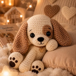 May include: A cream and light brown crocheted puppy plush toy with large black eyes, a black nose, and a small heart-shaped charm on its collar. The puppy has dark brown paw pads and long, textured ears, sitting in a soft, cozy environment.