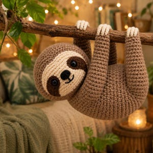 Puede incluir: Un perezoso de peluche tejido a ganchillo con hilo marrón claro, cara color crema, parches oculares marrón oscuro y ojos de seguridad negros. El perezoso tiene brazos largos con garras color crema y cuelga de una rama de madera.