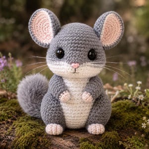 May include: A crocheted chinchilla plush toy featuring a grey body with a white belly and face, large black eyes, a small pink nose, and pink-lined ears. The figure has long white whiskers and a fluffy grey tail, crafted with visible yarn stitches.