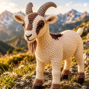 May include: A crocheted goat figurine featuring a cream-colored body with brown patches on the face, back, and lower legs. The goat has dark brown curved horns, a small beard, and black eyes, crafted with visible yarn stitches throughout the structure.