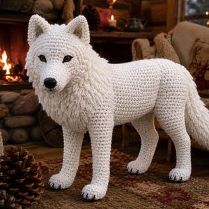 May include: A white crochet wolf figurine featuring a textured yarn body, pointed ears, and dark eyes. The wolf stands in a profile position with a thick, shaggy mane around its neck and a bushy tail, showcasing detailed stitching throughout the form.