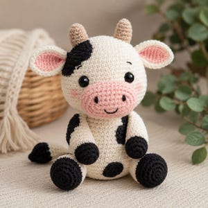 Puede incluir: Un juguete de peluche tejido a ganchillo con forma de vaca, cuerpo color crema con manchas negras, hocico rosa y pequeños cuernos color canela. El peluche tiene ojos de seguridad negros, una sonrisa bordada y orejas con interior rosa.