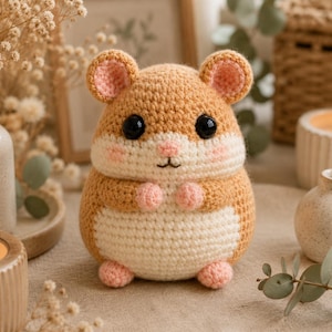 Puede incluir: Un peluche de hámster tejido a ganchillo de forma redonda con cuerpo de color tostado y crema, orejas pequeñas de color rosa, mejillas rosadas y dos grandes ojos de plástico negro. El hámster tiene patas diminutas y nariz y boca bordadas.