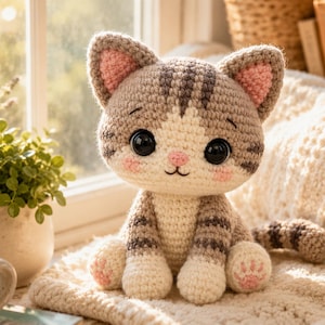 Op de afbeelding: Een gehaakte kattenknuffel met een lichtbruin en wit gestreept patroon, grote zwarte plastic ogen, een kleine roze neus en roze binnenoren. Het knuffeldier heeft een crèmekleurige borst en pootjes met roze geborduurde voetzooltjes.