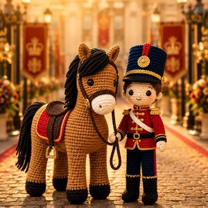 May include: A crochet amigurumi set featuring a brown horse with a black mane and tail, wearing a brown saddle with red trim, standing next to a crochet doll dressed in a red and blue military-style uniform with a tall blue hat and gold accents.